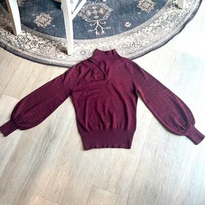 Elan NWT Asymmetrical Cutout Sweater mock neck burgundy shimmer ballon sleeve